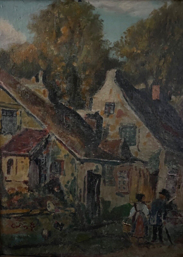 Oil on panel by G. Colin Breton landscape street scene early 20th century