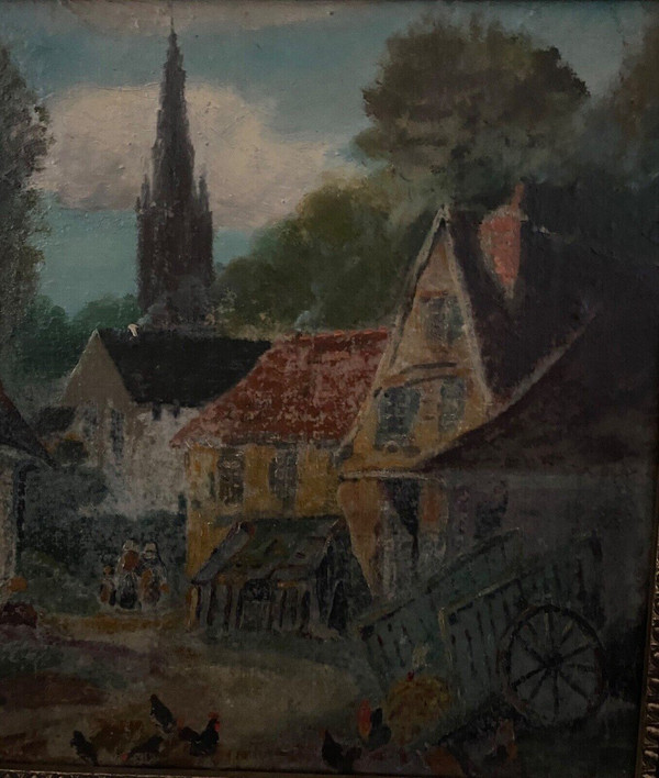 Oil on panel by G. Colin Breton landscape street scene early 20th century