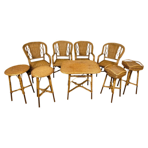 Set Of 9 Wicker Living Room Pieces, Mid-20th Century