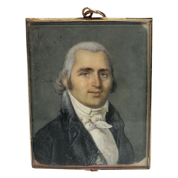 Eighteenth- and early nineteenth-century miniature of a man in a frock coat, hand-painted with hair.