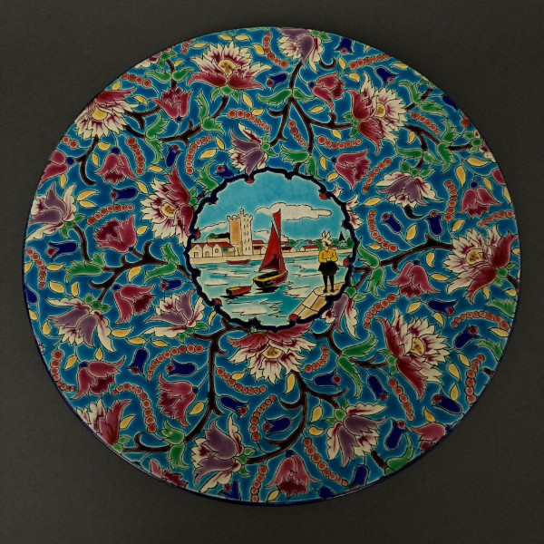 Longwy enamel dish decorated with a harbor scene