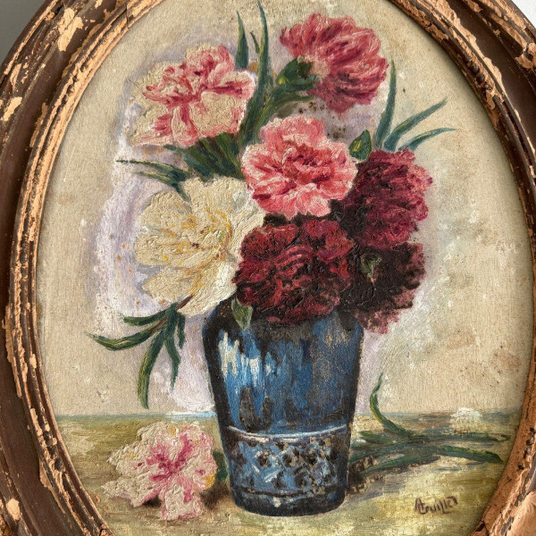 Oil on panel by A. Cruillet still life bouquet of flowers 1920