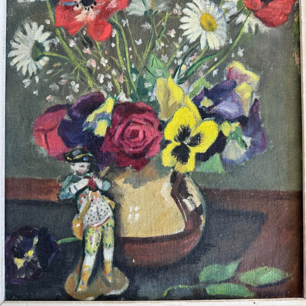 Öl auf Leinwand Blumenstillleben und Statuette 1920