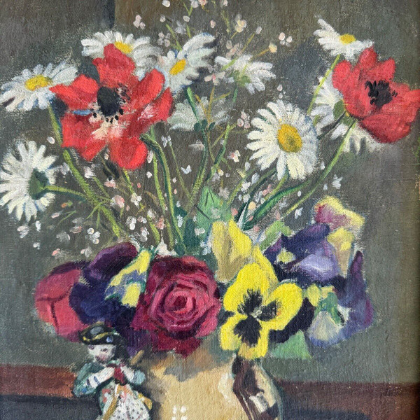 Öl auf Leinwand Blumenstillleben und Statuette 1920