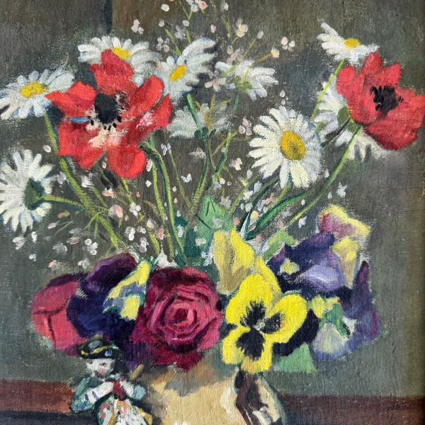 Öl auf Leinwand Blumenstillleben und Statuette 1920