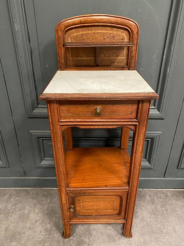 Bedside table in blond mahogany 1900 Art Nouveau white marble top