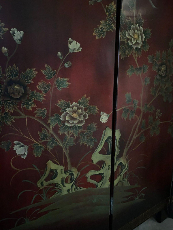 Chinese lacquer screen, 4 panels, naturalistic décor, early 20th century