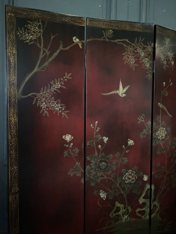 Chinese lacquer screen, 4 panels, naturalistic décor, early 20th century