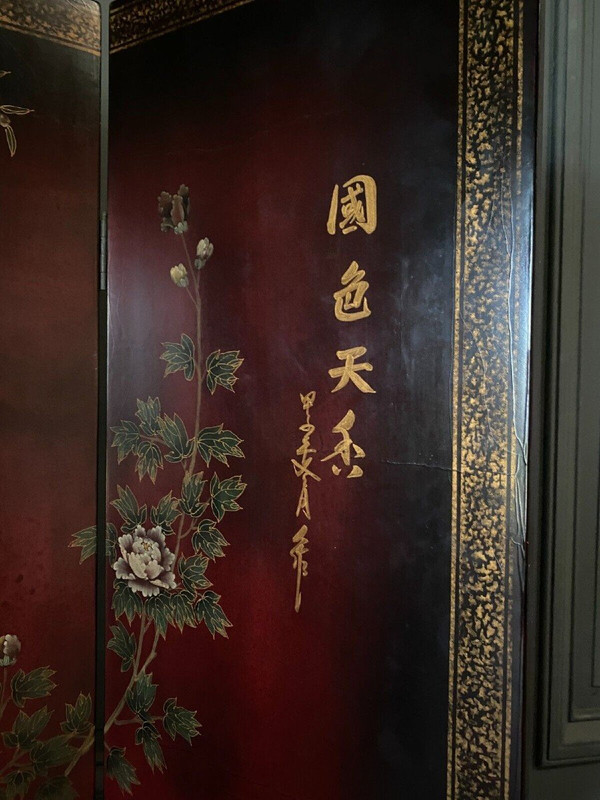 Chinese lacquer screen, 4 panels, naturalistic décor, early 20th century