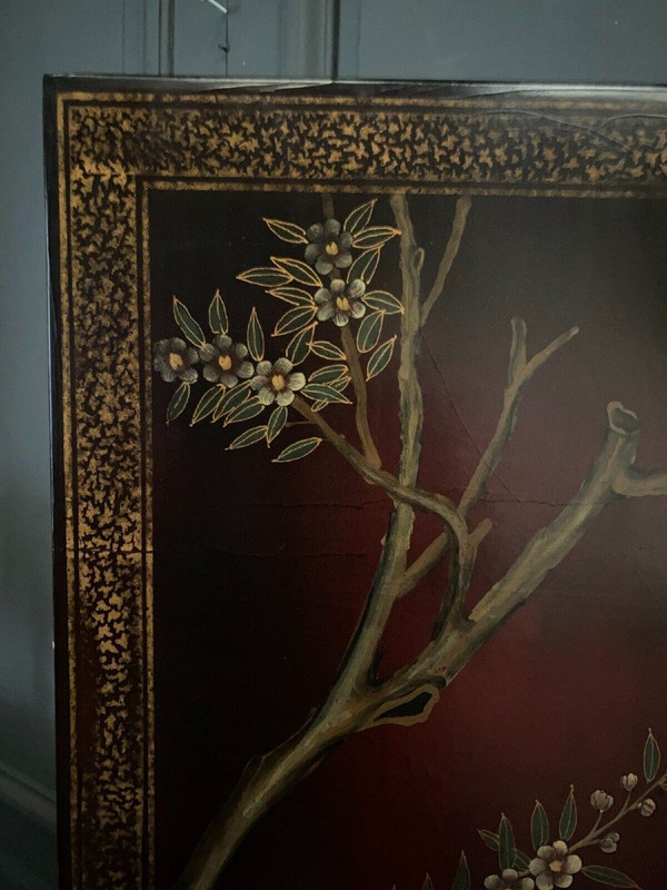 Chinese lacquer screen, 4 panels, naturalistic décor, early 20th century