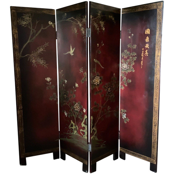 Chinese lacquer screen, 4 panels, naturalistic décor, early 20th century