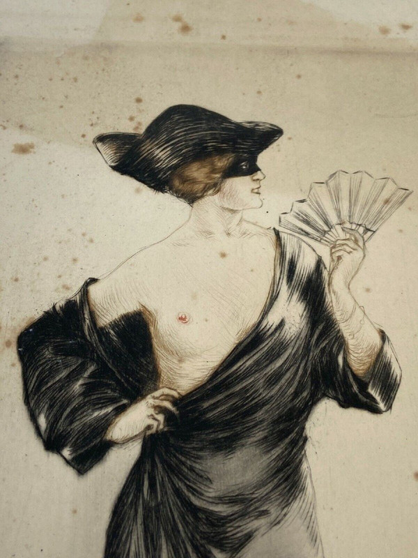 Engraving 1900 Woman with fan Louis Icart