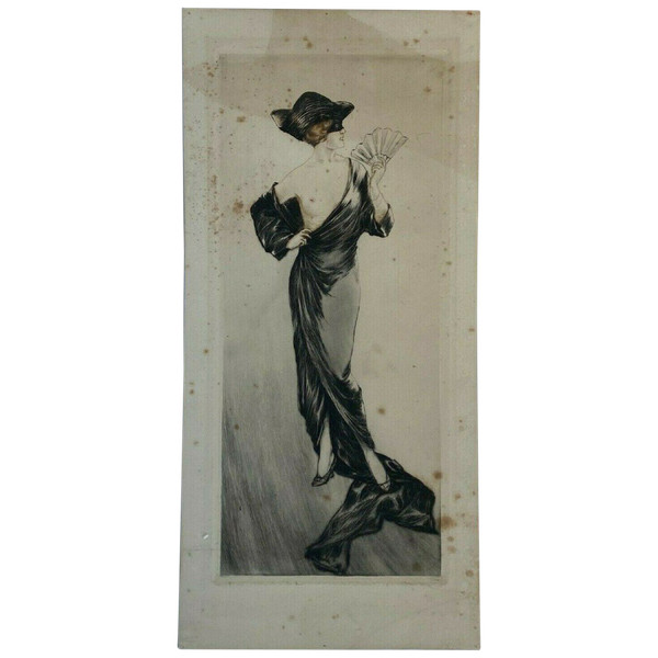 Engraving 1900 Woman with fan Louis Icart