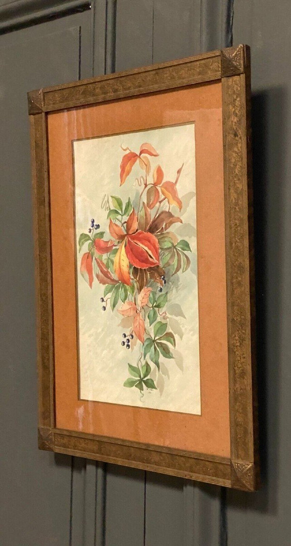 Watercolor on paper still life flower throw XXth by M. Jagu 1914