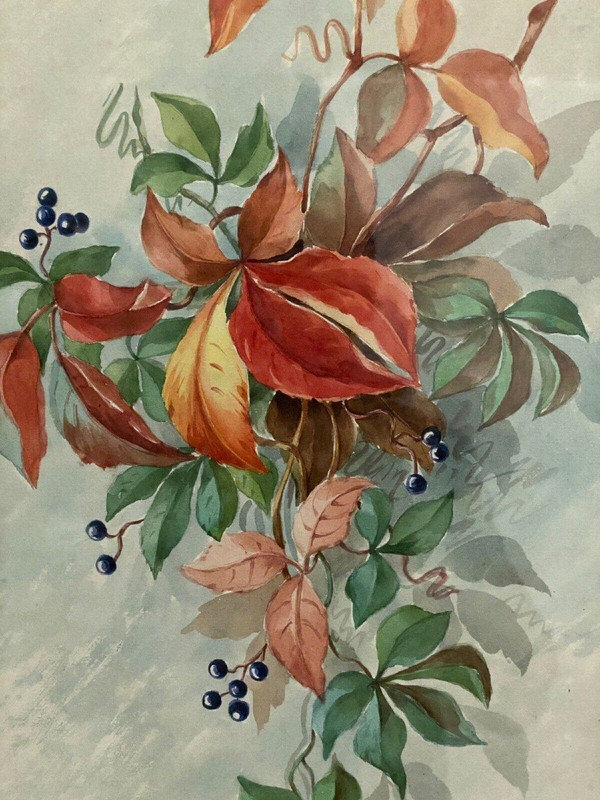 Watercolor on paper still life flower throw XXth by M. Jagu 1914