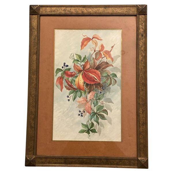 Watercolor on paper still life flower throw XXth by M. Jagu 1914