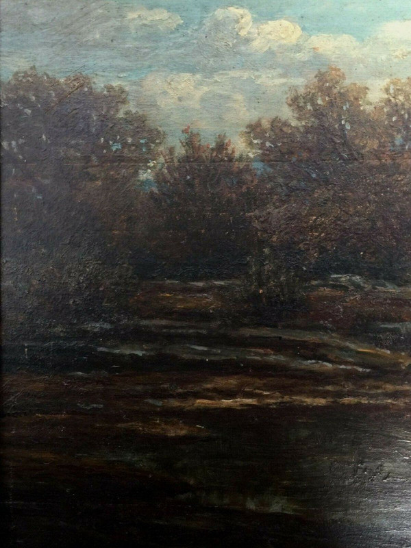 Olio su tavola di Chevalier 1878 Scena di Barbizon Cornice di legno