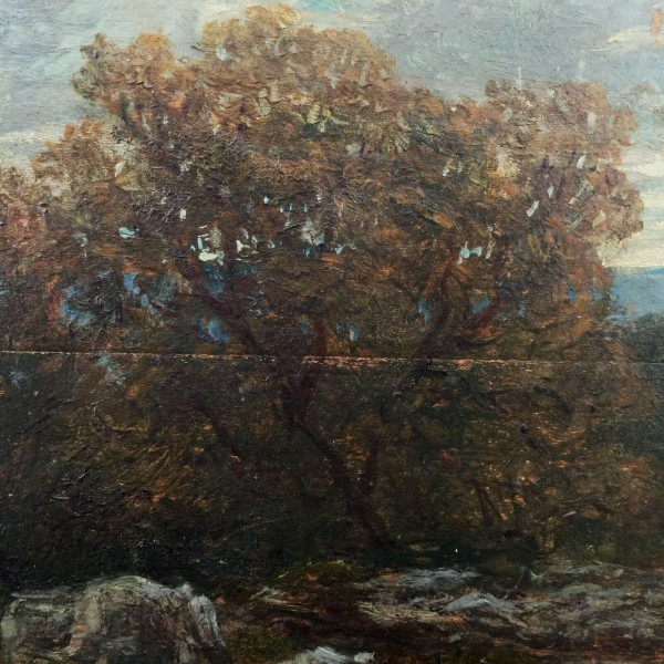 Olio su tavola di Chevalier 1878 Scena di Barbizon Cornice di legno