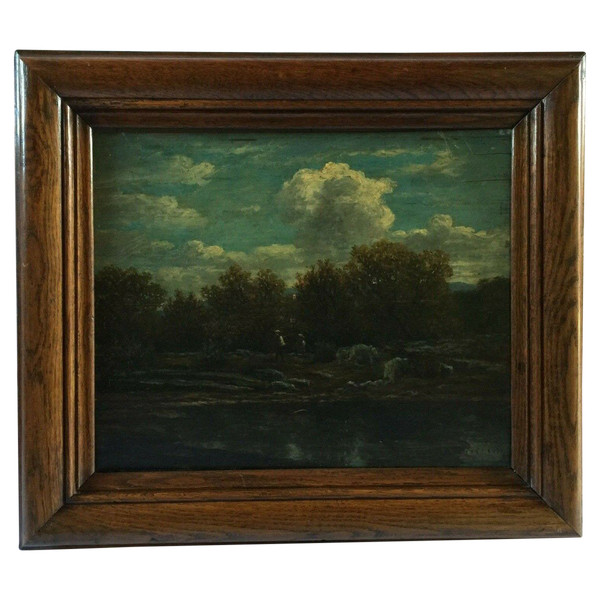 Olio su tavola di Chevalier 1878 Scena di Barbizon Cornice di legno