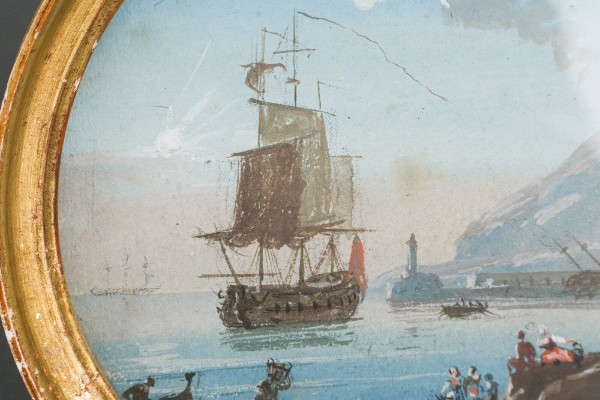 Miniature galleon and harbor scene in gilded wood frame