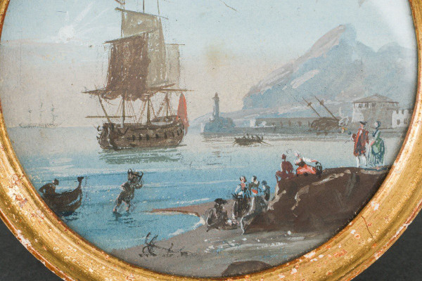 Miniature galleon and harbor scene in gilded wood frame