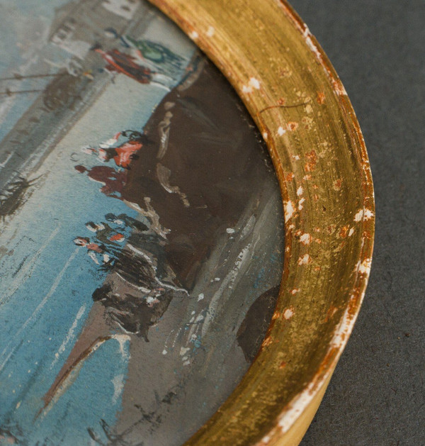 Miniature galleon and harbor scene in gilded wood frame