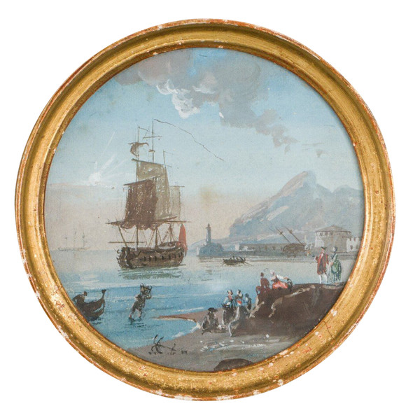 Miniature galleon and harbor scene in gilded wood frame