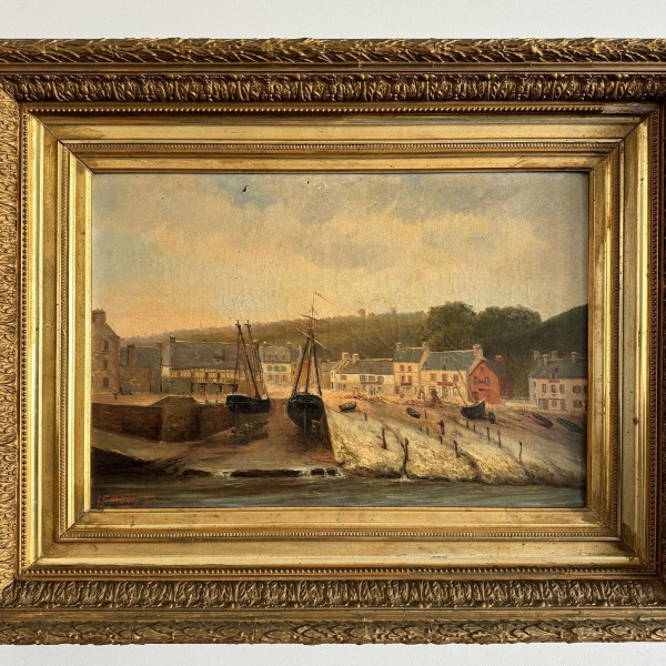 Huile sur toile par F. Lemoine le port de Nantes fin XIXe cadre stuc