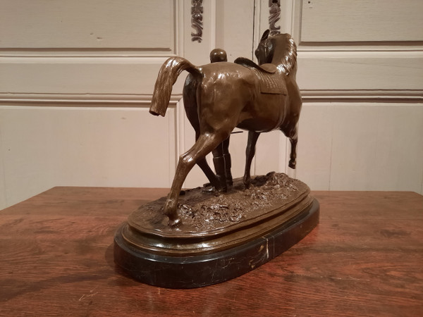 Bronze représentant un jockey et son cheval signé P.J. Mène 1866, d’époque XXème siècle.