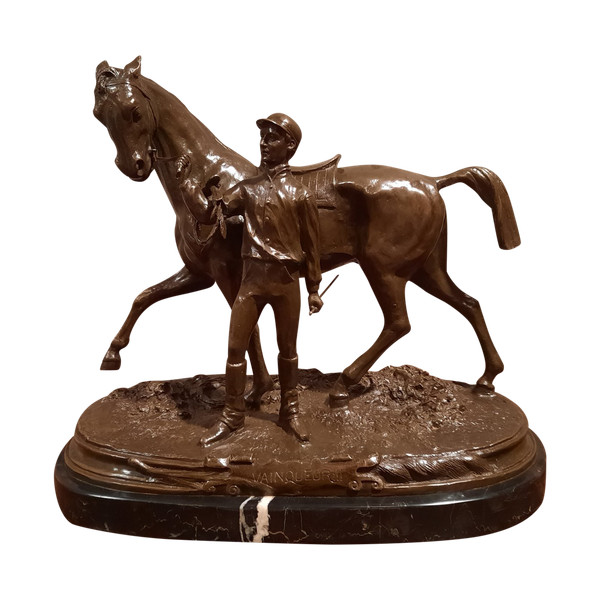 Bronze représentant un jockey et son cheval signé P.J. Mène 1866, d’époque XXème siècle.