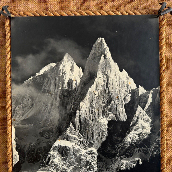 Black and white mountain photograph with rope frame mid 20th century