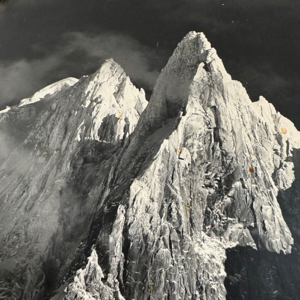 Black and white mountain photograph with rope frame mid 20th century