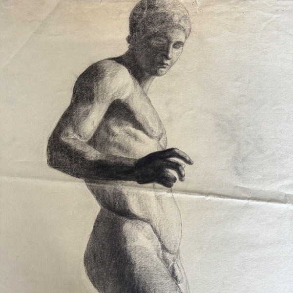 Disegno a carboncino di un nudo accademico in stile antico di Berger detto Lheureux Biloul