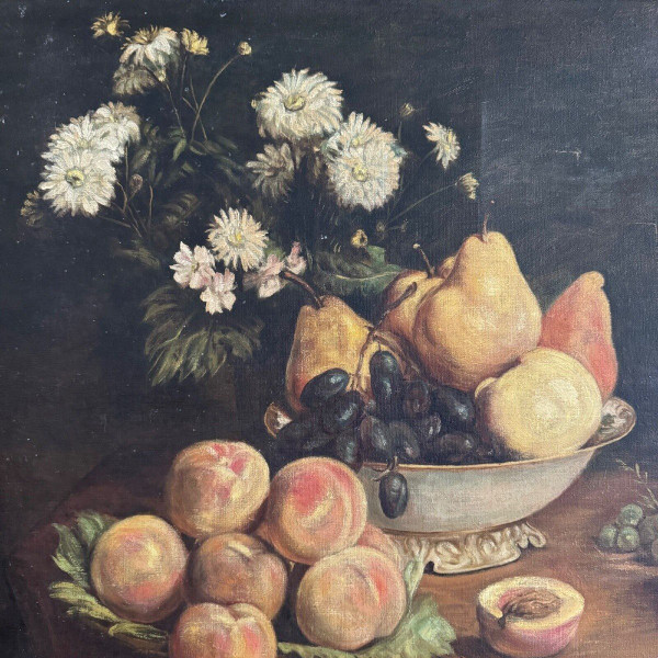 Oil on canvas 1900 after Fantin Latour still life Flowers and fruit