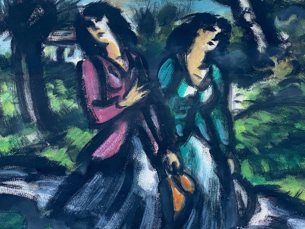 Watercolor on paper by Frans Masereel 1947 couple of women with a jug