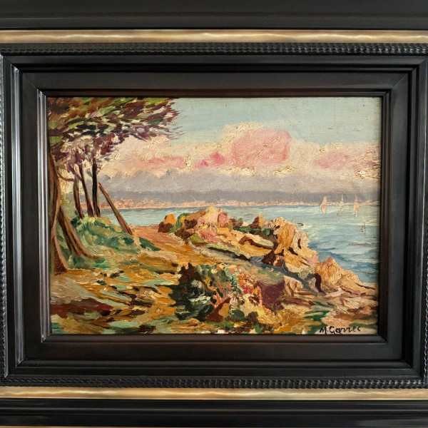 Oil on cardboard depicting a rocky coastline by M. Garrec 20th century