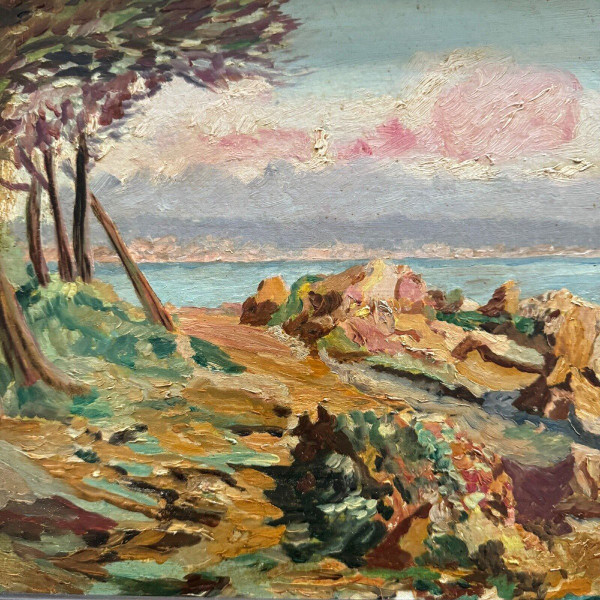 Oil on cardboard depicting a rocky coastline by M. Garrec 20th century