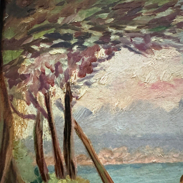 Oil on cardboard depicting a rocky coastline by M. Garrec 20th century