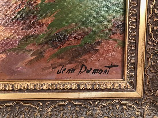 Jean Dumont. Großes gerahmtes Öl auf Leinwand, "Landschaft mit Boot".