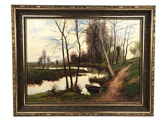 Jean Dumont. Großes gerahmtes Öl auf Leinwand, "Landschaft mit Boot".