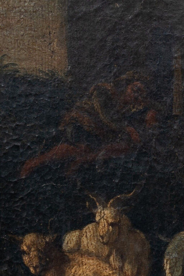 Huile sur toile XVIIIe scène d'animaux et de berger cadre doré