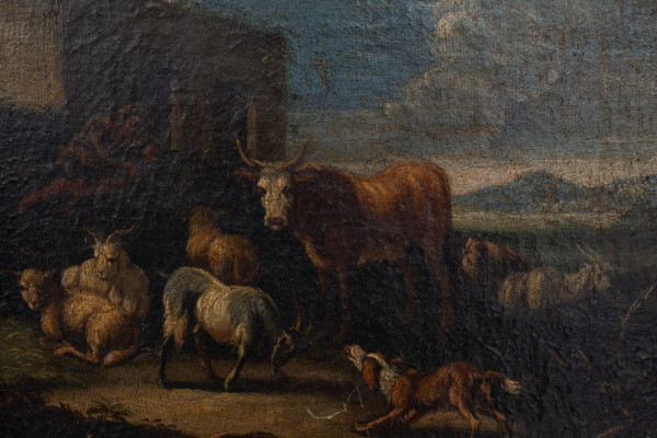 Huile sur toile XVIIIe scène d'animaux et de berger cadre doré