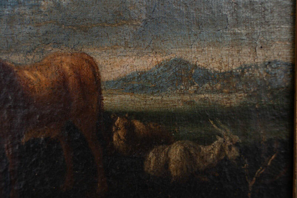 Huile sur toile XVIIIe scène d'animaux et de berger cadre doré