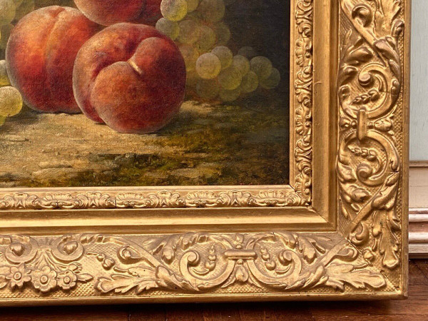 Still life by Joseph-Eugène Gilbault Peaches and bunches of grapes