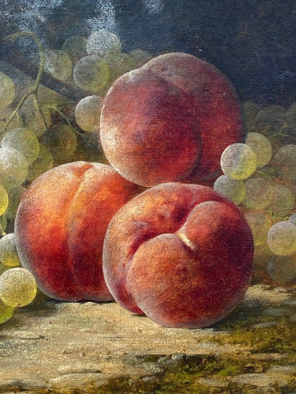 Still life by Joseph-Eugène Gilbault Peaches and bunches of grapes