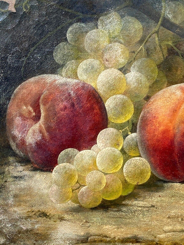 Still life by Joseph-Eugène Gilbault Peaches and bunches of grapes