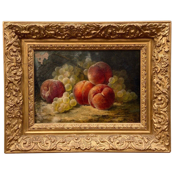 Still life by Joseph-Eugène Gilbault Peaches and bunches of grapes