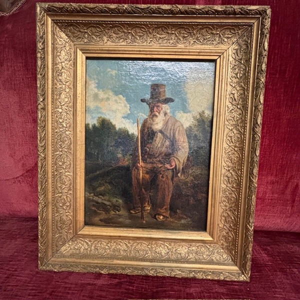 Antique oil painting on canvas , depicting beggar character, beautiful quality