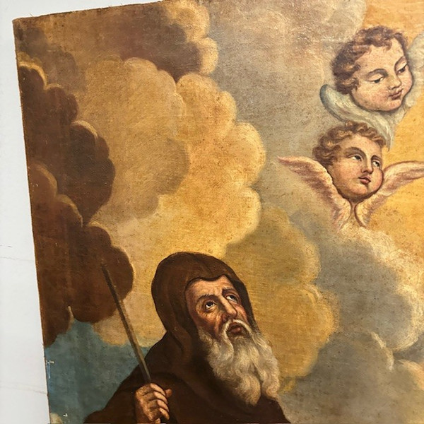 Antique large oil on canvas painting depicting St. Francis of Paola 18th century mis 145 x 106