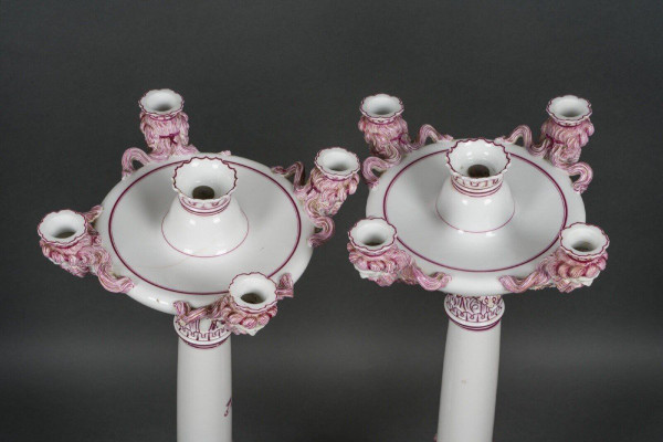 Pair of Jacob Petit Rihouet 5-light candelabra with caryatid decor